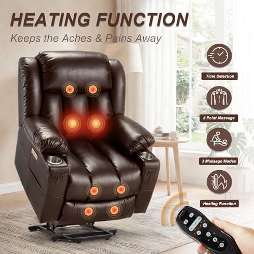 Kasunpul Oversized Power Lift Recliner with Massage and Heat for Elderly, Heavy Duty Reclining Chair, Faux Breathable Leather, Includes USB/Type-C Ports, 2 Cup Holders& Remote Control, Brown - Thumbnail 5