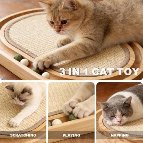 HLSMKJ Sisal Cat Scratcher Toy, Natu sisal cat Scratching pad, Ball Track Wooden Interactive Cat Toy Ball, Catnip Ball, for Cats Chasing, Hunting, Mental Physical Exercise Puzzle - Thumbnail 2