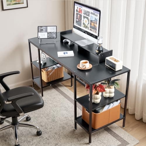 MINOSYS Computer Desk 55-inch with Storage Shelf - Black Ideal Gaming Desk for Bedrooms, Small Spaces, and Home Offices Modern Writing Desk for PCs. - Thumbnail 4