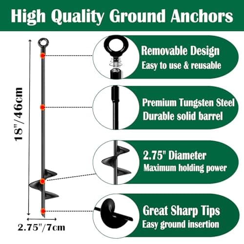 LIFEBED 18 inch Ground Anchors Srew in Heavy Duty, Earth Shed Anchor Kit, Trampoline Stake Hook for Dirt, Swing Sets, Playset, Tent, Canopy, Carport, Mobile Home Tie Down, 6 Pack - Thumbnail 3