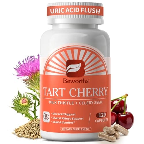 B BEWORTHS Tart Cherry Capsules with Celery Seed & Milk Thistle | Uric Acid & Liver Cleanse | 600mg Tart Cherry 10:1 Extract Supplement with Turmeric, Magnesium for Antioxidant, Joint Health, Zzz