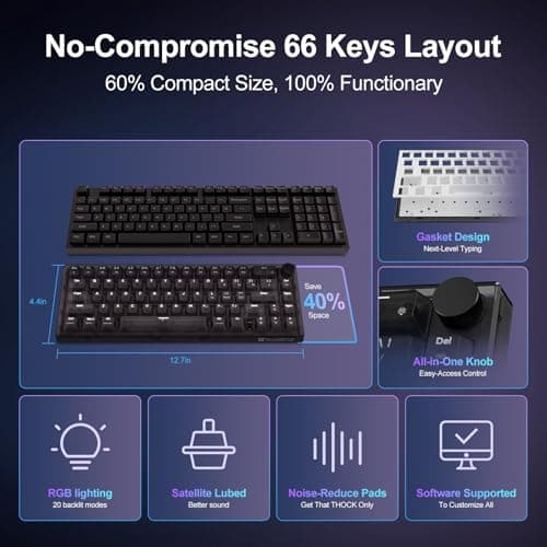 YOUSUOMASTER X83 Wired Gaming Keyboard with Volume Knob,60 Percent Mechanical Keyboard Gasket Mount RGB Backlit with Software,Mini Keyboards with 66 Keys Hot Swappable Red Switch,Translucent Black - Thumbnail 2