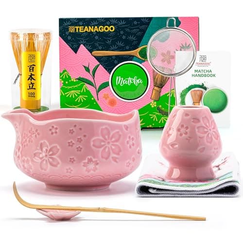 TEANAGOO 7-PCS Pink Matcha Whisk Set with Cherry Blossom Design, Complete Ceremony Kit, Ceramic Chawan Bowl with Spout, Whisk & Accessories, Traditional Matcha Tea Set for Lattes& Gift Giving - Image 1