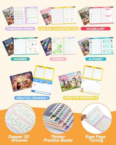 Magic Grooved Writing Practice for Kids Ages 3–8 – 8-Book Reusable 3D Handwriting & Tracing Workbook Kit with Disappearing Ink, Preschool Learning Activity - Thumbnail 3