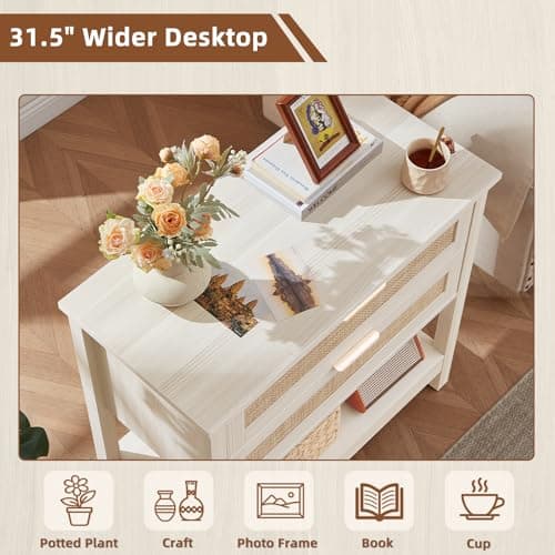 LEYAOYAO 31.5" Wide Rattan Night Stand, Oversized Large Boho Nightstand with 2 Drawer, Grey White Bed Side End Tables with Storage Shelf, Tall Bedside Table for Bedroom Living Room, Hallway - Thumbnail 4