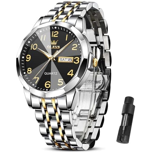 OLEVS Luxury Watch for Men - Black Arabic Numeral Dial with Gold and Silver Stainless Steel Band - Date and Day Function - Reloj para Hombre
