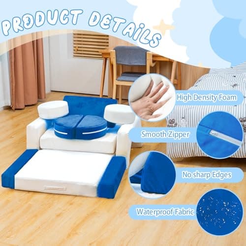 Stmoze 13PCS Modular Kids Play Couch, Kids Couch with Washable Velvet Cover, 5 Seconds Instant Expansion,Convertible Foam and Floor Cushion for Nursery Playroom, Blue & Beige - Thumbnail 4