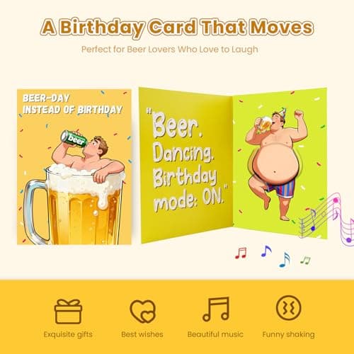 mountova Beer Birthday Card with Sound & Motion, Shaking Belly Funny Birthday Card for Men Husband, Dad, Friend, Brother, Interactive Bday Card for Beer Lovers with Envelope, 5.9 x 7.9 - Thumbnail 2