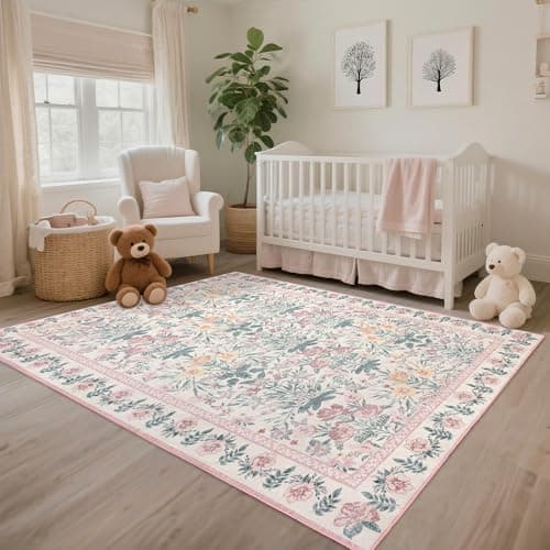 Pink Rugs for Bedroom Girls: Floral 5x7 Washable Area Rug for Nursery Kids Room Living Room Boho Decor - Soft Non-Slip Non-Shedding Carpet - Thumbnail 3