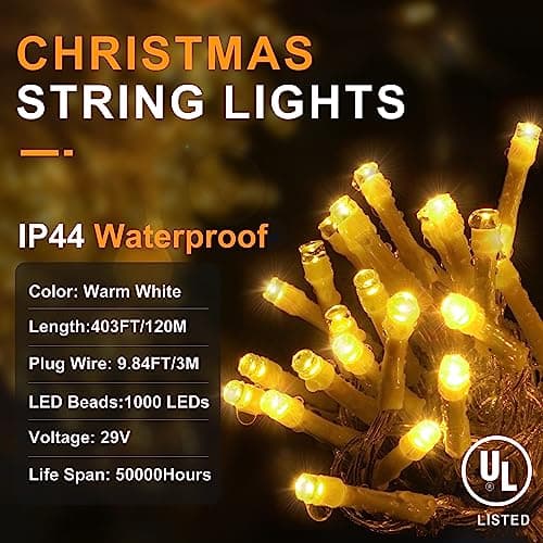 KNONEW 403ft 1000 LED Christmas String Lights Outdoor 8 Modes & Timer Fairy Light Plug in Waterproof LED Wedding Lights for Xmas Yard Tree Party Holiday Decor (Warm White) - Thumbnail 6