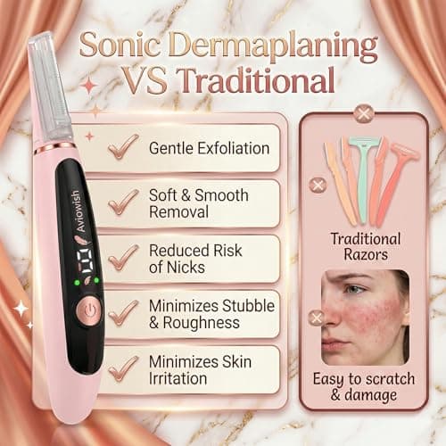 Aviowish Sonic Dermaplaning Razor for Women face – Beginner-Safe & Sensitive Skin Friendly, Controlled Exfoliation to Remove Peach Fuzz & Dull Skin – 3 Precision Speeds – 12 Blades&LED Light - Thumbnail 2