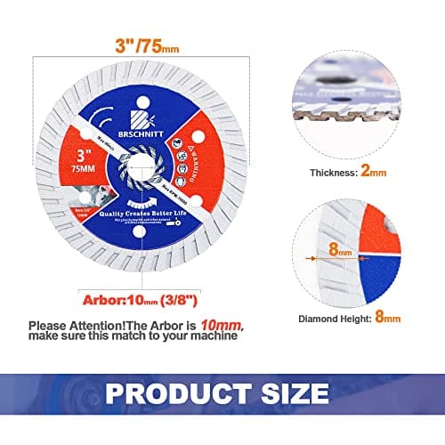 BRSCHNITT Diamond Blade for Concrete Masonry,3pcs 3 Inch (75mm) with Arbor 3/8-Inch (10mm) Dry/Wet Continuous Rim Diamond Cutting Disc for Granite Marble Stone Hard Concrete Reinforced Concrete - Thumbnail 2