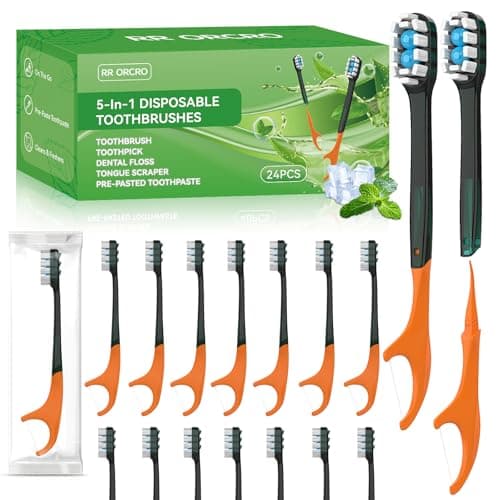 24Pack Disposable Toothbrushes with Toothpaste + Pick + Floss + Tongue Scraper 5-in-1 Mini Prepasted Travel Toothbrush for Hotel Camping Flight Car Single Use Portable Individually Wrapped | Mint - Image 1