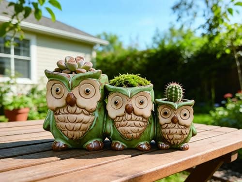 Giafiny Cute Owl Planter, Small Funny Succulent Pots, Unique Decorative Animal Statue Ceramics Plant Pot for Indoor/Outdoor Home Office with Drainage, Owl Gifts for Women Mother Teacher, Three Owls - Thumbnail 6