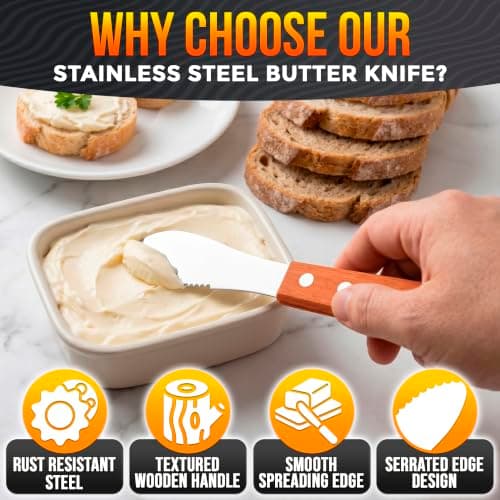 Butter Spreader Knife Set of 4 with Wood Handle - Butter Knives for Cream Cheese, Jam, Jelly, Cheese Board, Charcuterie, Bagel, Sandwich, Toast - 4 Inch Stainless Steel Wide Blade, Hand Wash Only - Thumbnail 3