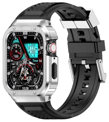 Deczone Band with Stainless Steel Case Compatible with Apple Watch Series 11 10 42mm Band, iwatch Bands Rugged Metal Protective Cover for Men (Silver) - Image 1