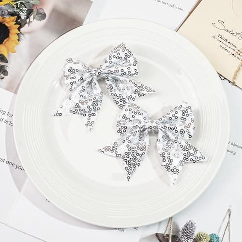 Silver Glitter Fable Hair Bows Alligator Hair Clips Hair Accessories for Baby Girls Toddlers Kids (3.5 inches in Pair） - Thumbnail 6