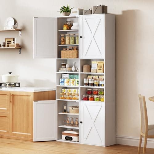 70.8" Tall Bathroom Storage Cabinet with 2 Barn Doors, Narrow Storage Cabinet with Adjustable Shelves & Open Compartments, Slim Floor Cabinet for Bathroom, Kitchen, Entryway, Living Room, White - Thumbnail 5