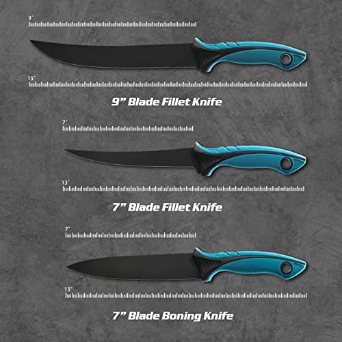 KNINE OUTDOORS Fish Fillet Knife Set Curved Flex 7 inch 9 inch Filet Knife for Filleting and Boning, Non-Slip Handles, Includes Fishing Braid Line Scissors, Fish Dressing Scissors, Filleting Pad - Thumbnail 3