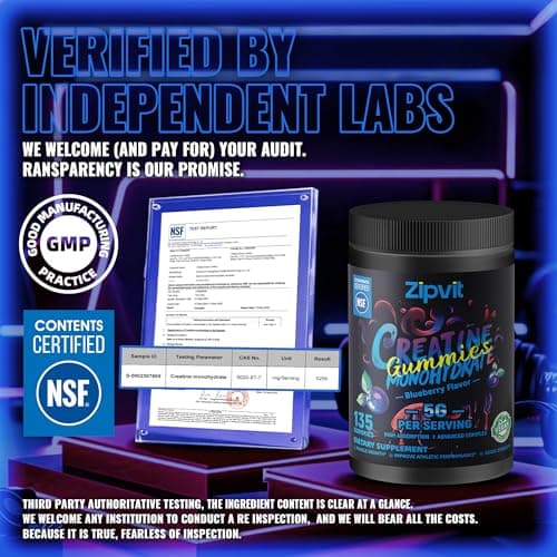 zipvit Creatine Monohydrate Gummies (5g) – Pre-Workout Energy & Muscle Growth Support for Men & Women | Blueberry Electrolyte Gummies (135 Count) - Thumbnail 2
