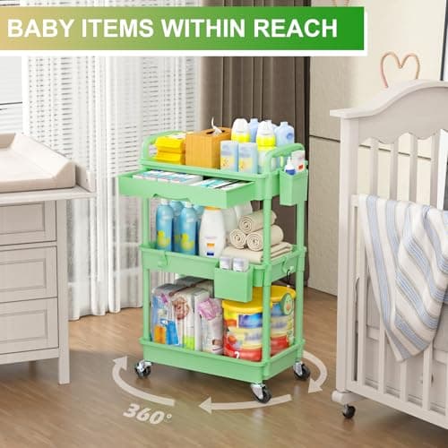 Goovilla 3 Tier Rolling Utility Cart Organizer with Removable Drawer, Stable and Sturdy Green Rolling Storage Carts with 2 Lockable Wheels for Bathroom, Kitchen, Snack, Craft, Makeup, Baby Essentials - Thumbnail 6