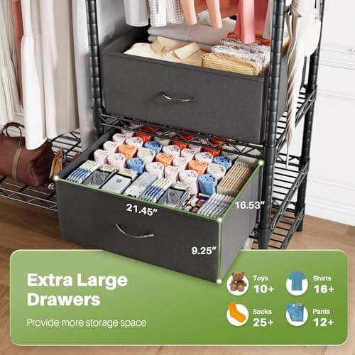 HOKEEPER Clothes Rack Heavy Duty Clothing Rack for Hanging Clothes Loads 1200LBS, Portable Closets Adjustable Garment Rack with Detachable Drawers, Side Mesh Board and Hooks 46.3"Wx16.9"Dx76.2"H Black - Thumbnail 4