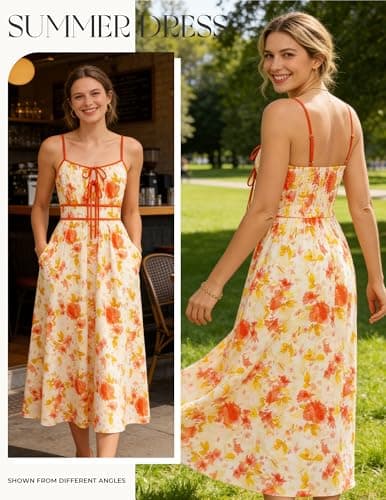 GRACE KARIN 2026 Women's Summer Maxi Floral Dress, Spaghetti Strap Tie Front Boho Sundress with Pockets, Yellow 2XL - Thumbnail 2