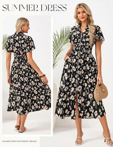 GRACE KARIN Womens Summer Maxi Floral Dress Casual 2026 Long Zipper Dresses Boho Flowy Beach Vacation Sundress with Pockets Black Floral M - Thumbnail 3