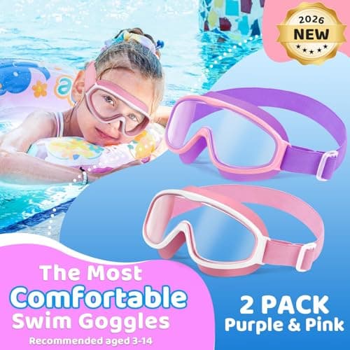 Vvinca Kids Goggles with Comfort Fabric Strap, Kids Swim Goggles Wide View Anti-Fog/UV No Leaking Swimming Goggles for 3-14 - Thumbnail 2