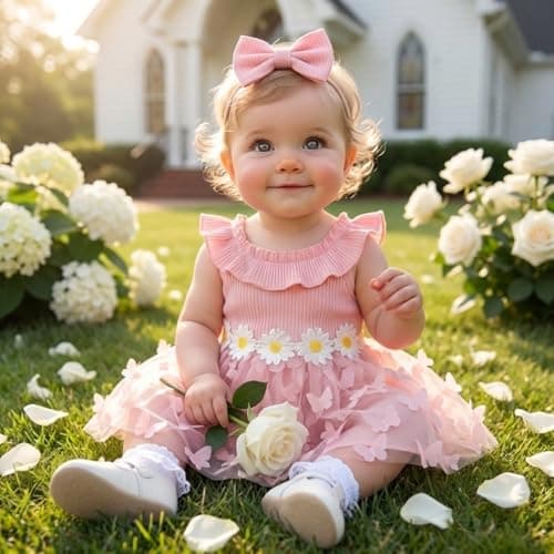 Infant Toddler Girl Summer Dress Boho Butterfly Floral Tulle Tutu Dress Set with Matching Bag & Bow, Sleeveless Ruffle Sun Dress for Beach & Photos Pink 9-12Months - Thumbnail 3