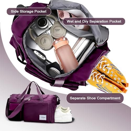 WOOMADA Foldable Travel Duffel Bag with Shoes Compartment, Overnight Bag with Wet Pocket & Trolley Sleeve, Weekender Bags for Women (purple) - Thumbnail 5