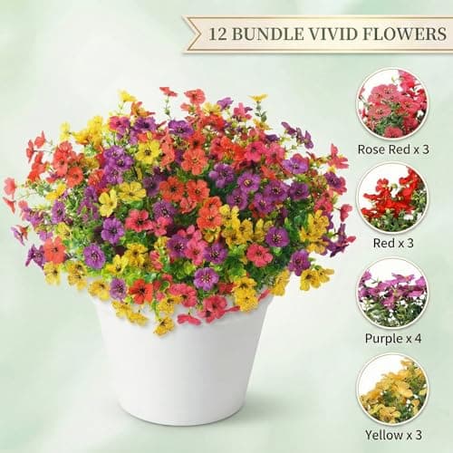 Enlightcode Artificial Mums for Outdoors, Faux Mums of Fake Flowers for Outdoor Planters, No Fade Vibrant Artificial Flowers for Porch Patio Yard Decoration, 12 Bundles - Thumbnail 2