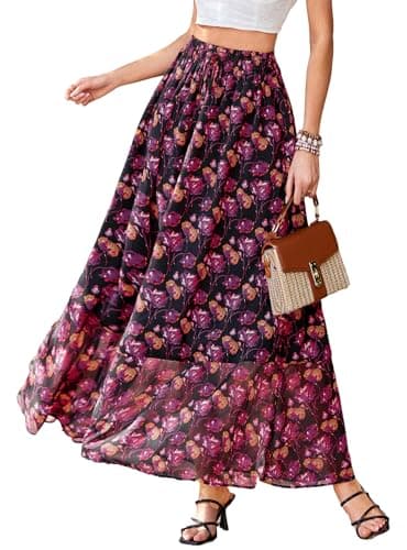 PRETTYGARDEN 2026 Summer Maxi Long Skirts for Women Trendy Boho Floral High Waisted Slit Flowy Travel Beach Vacation Clothes (Floral Black Rose Red,Medium) - Image 1