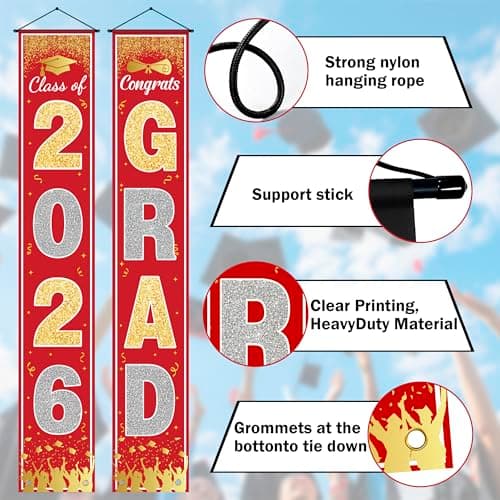 OHOME Graduation Decorations 2026 - Red Gold Congrats Grad Porch Banner for Graduation Party Decorations - Class of 2026 - Party Favors Supplies Backdrop Yard Signs Decor (Red) - Thumbnail 4