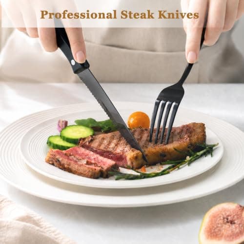 Astercook 24-Piece Black Silverware Set with Steak Knives Flatware Set for 4 Food-Grade Stainless Steel Cutlery Set Mirror Polished Utensils Set Include Spoons and Forks for Home Kitchen Restaurant - Thumbnail 5