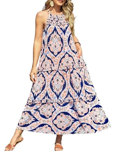 GRACE KARIN 2026 Women's Floral Halter Maxi Dress Boho Summer Beach Sundress with Tiered Ruffle Skirt Orange Folk Flower XL - Image 1