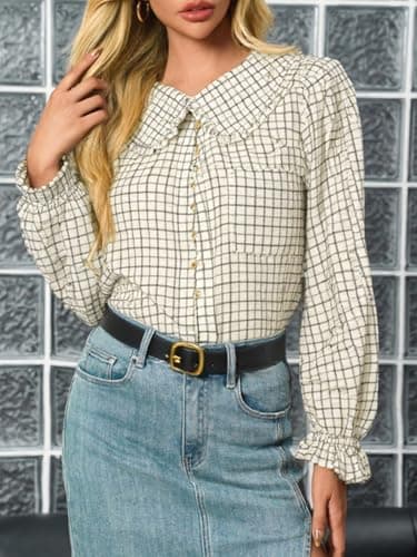 Tankaneo Womens Peter Pan Collar Button Down Shirts Long Sleeve Plaid Blouse Dressy Casual Fall Tops Beige - Thumbnail 2