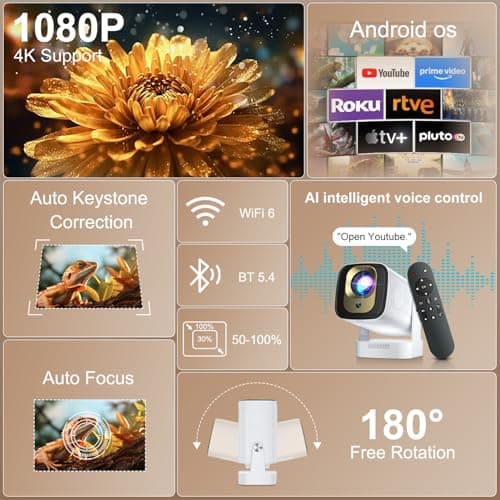 [ Auto Focus & Keystone / 1080P Native ] Mini Projector with Wifi and Bluetooth 5.4, Portable Projector for Outdoor Movies/Bedroom, Built in Apps, Smart Proyector 4K Support (2026 Upgrade, White) - Thumbnail 2
