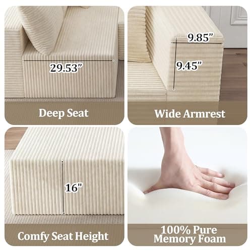108" Cloud Couch Sectional, L-Shaped Boneless Couches for Living Room, Corduroy Modular Sectional Sofa with Deep Seats & Chaise, No-Assembly - Beige - Thumbnail 6