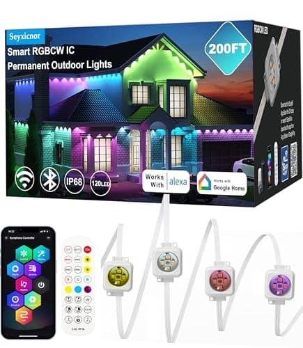 Seyxicnor RGBCW Permanent Outdoor Lights,108 Scene Modes Smart Outdoor Christmas Lights with Voice Remote APP Control, IP68 LED Eaves Lighting for Halloween Party, Daily Garden Decor (120LED 200FT) - Image 1