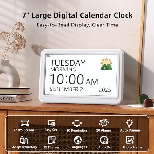 Rechargeable Digital Clock with Day and Date for Elderly, 7" Large Digital Calendar Clock for Seniors, 20 Alarms & Medication Reminders, Auto DST/Dimmer, 12 Themes, Best Gifts for People with Dementia - Thumbnail 6
