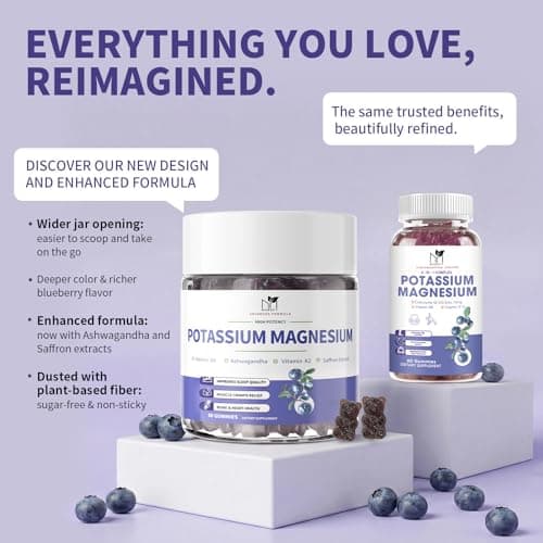 2 Pack Potassium Magnesium Gummies, Sugar-Free Potassium Gummies with Magnesium Glycinate 500mg Chewable Potassium Magnesium Supplements with Calcium, Zinc & Vitamins to Support Leg Muscle Relaxation - Thumbnail 2