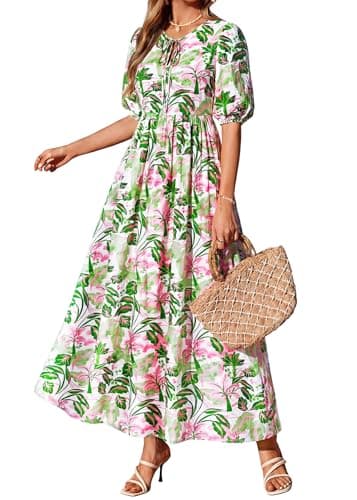 KIRUNDO Summer Dresses for Women 2026 Spring Wedding Guest Boho Floral 3/4 Sleeve Beach Vacation Cruise Flowy Maxi Dress(Green, Small) - Thumbnail 6