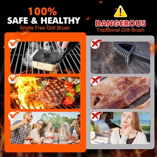 PROKITCHEN 2 in 1 Safe Bristle Free Grill Brush for Outdoor Grill, Non Metal Bristles BBQ Grill Cleaner with Scraper & Replaceable Head，Wireless Sponge Brushes for Men Dad 1+2 Pack - Thumbnail 2