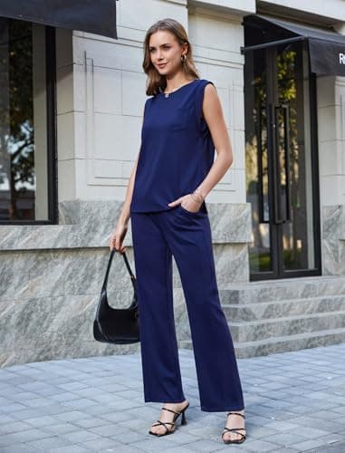 difficort 2 Piece Lounge Set Women CrewNeck Casual Sleeveless Tops Straight Leg Pants Matching Outfits,Navy,Large - Thumbnail 5