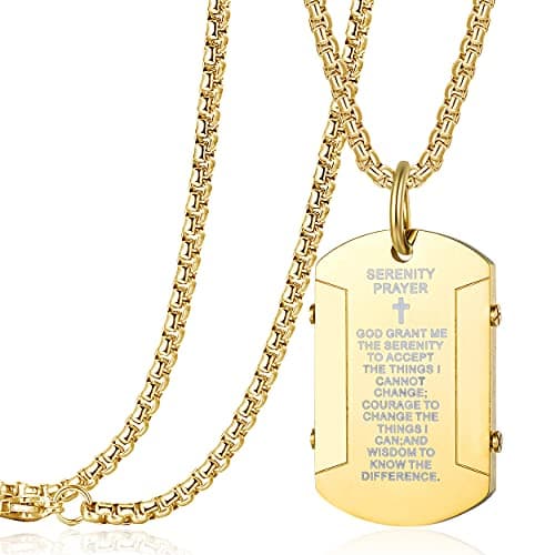 Rehoboth Men's Stainless Steel Dog Tag Bible Verse Serenity Prayer Cross Pendant Necklace for Men Women 24 Inch Chain Gold - Image 1