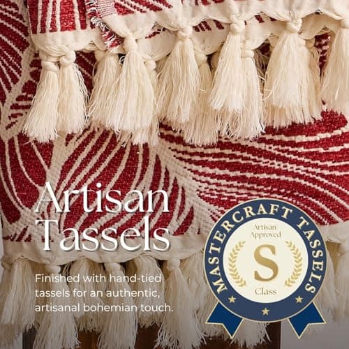 DOWN HOME Chenille Cotton Throw Blanket for Couch, Lightweight Boho Blanket for Bed Sofa Chair Living Room Outdoor Soft Woven Decorative Blanket with Tassel Gift Red Leaves 55"x60" - Thumbnail 6