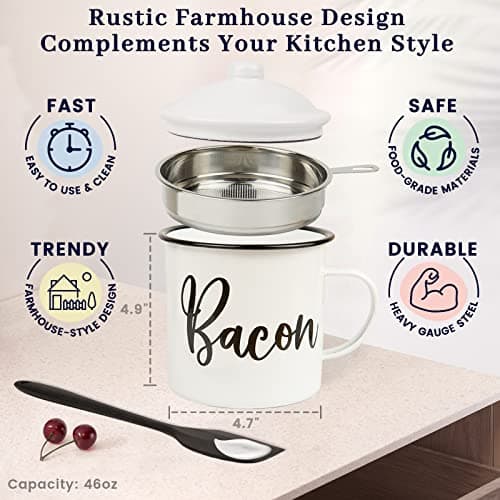 Bacon Grease Container with Strainer - With Food-Grade Silicone Spatula , 46oz Large Enamel Rustic Farmhouse Fat Container , Keeper , Recipes , Dishwasher Safe - Thumbnail 3