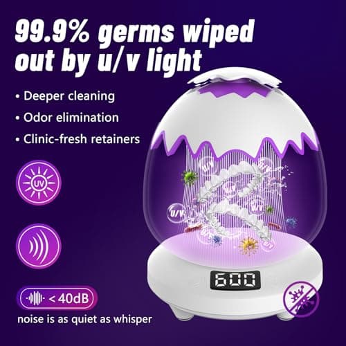 Ultrasonic Retainer Cleaner Machine for Dentures | 45kHz Dental Cleaning Pod for Aligner, Nightguard, Braces, Jewelry, Watch, 3 Timer Modes - with Cooling Fan & Removable Base Moonlight White - Thumbnail 3