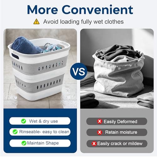 46L/12 Gal Collapsible Laundry Baskets, Foldable Hamper with Handles, Plastic Pop Up Storage Container for Laundry, Home, Dorm, Travel - Gray/White, Set of 2 - Thumbnail 6